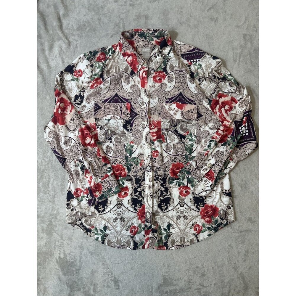 Chico’s Women’s Button Front Shirt Paisley Floral Print Long Sleeve Size 3 16/18